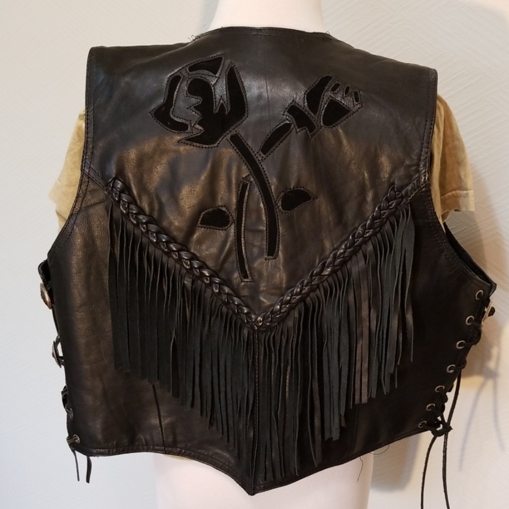 Fringe Black Leather Vest w Roses
